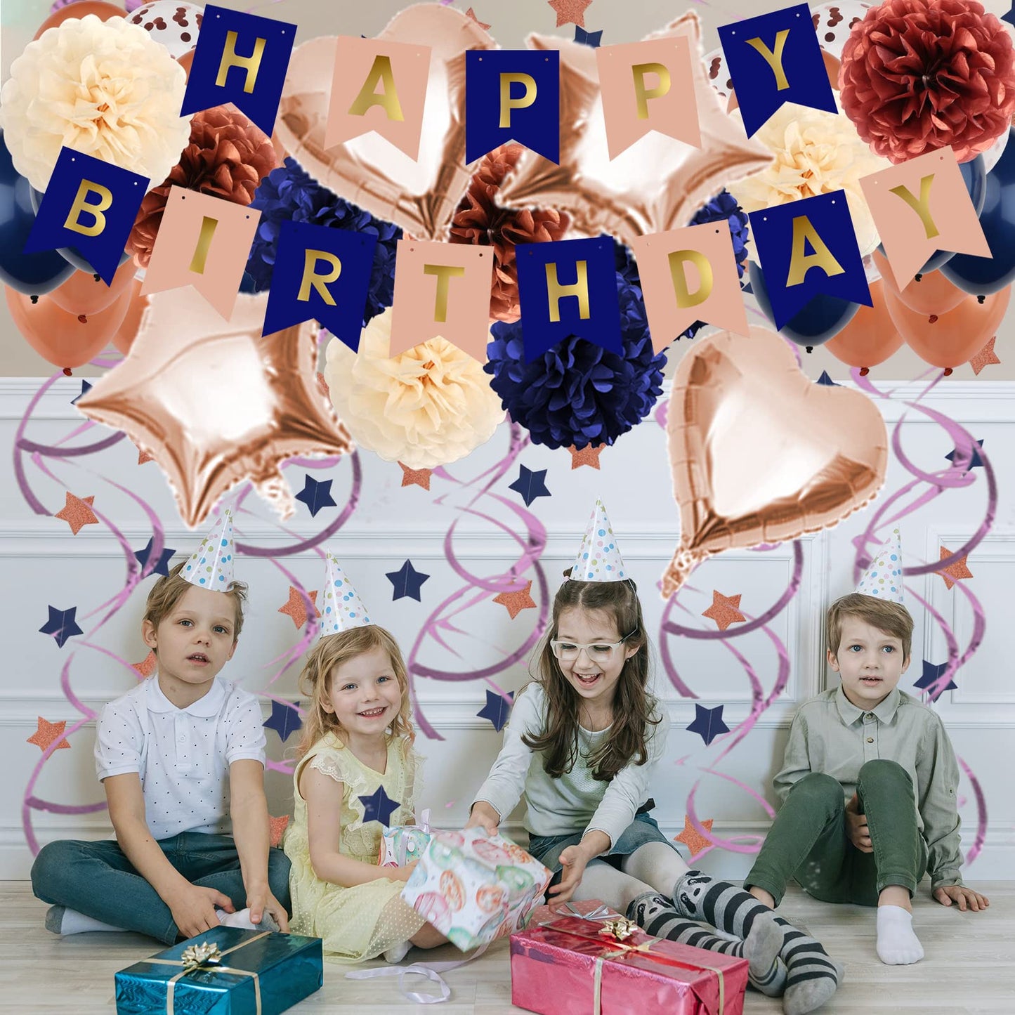 Zerodeco Birthday Decorations For Women, Navy Blue Rose Gold Birthday Party Decorations Happy Birthday Banner Paper Pompoms Ball