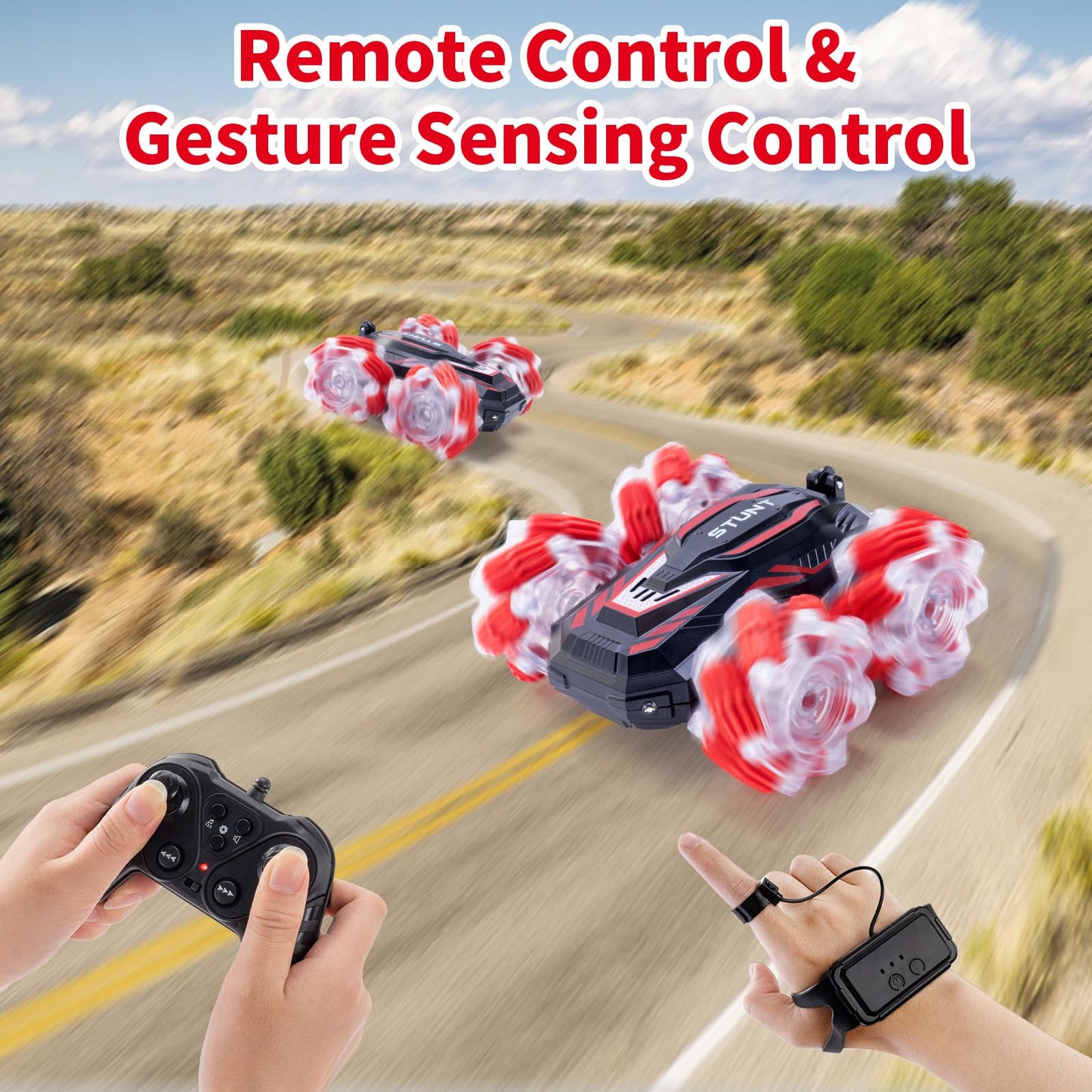 WJWMIRC RC Stunt Car, Double-Sided 360 Flips, 4WD 2.4 GHz Gesture Sensing RC Cars with Cool Lights and Music, for Boys Aged 6-12