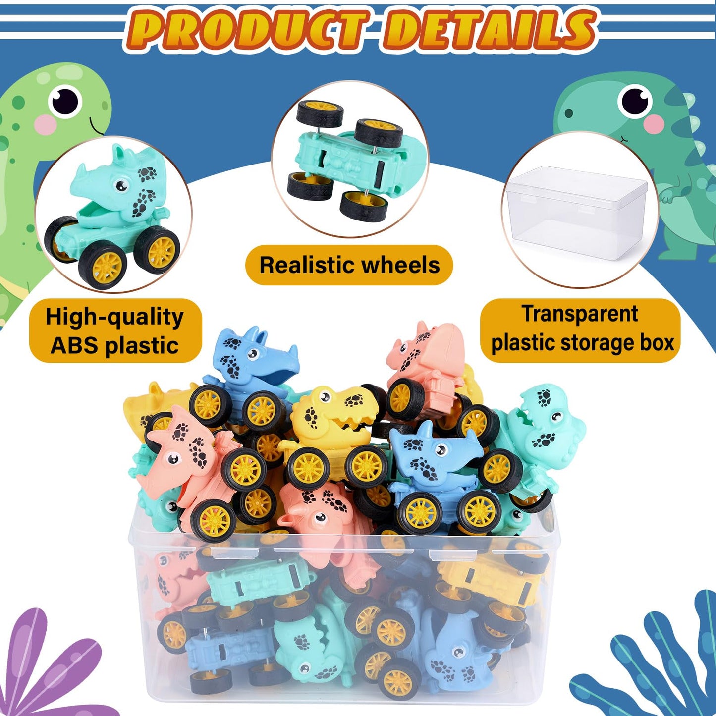 18 Pcs Mini Dinosaur Pull Back Cars For Kids Racing Vehicles Toys With Storage Box Bulk Children Dino Cars Party Favors Supplies