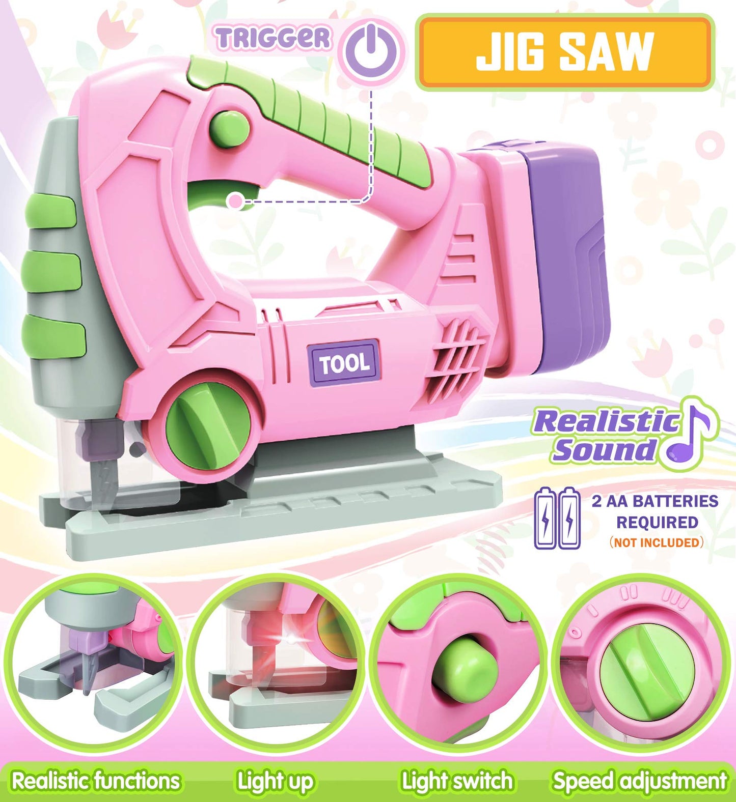 Kids Tool Set with Electric Toy Drill Chainsaw Jigsaw Toy Tools for Girl, Realistic Kids Power Construction Pretend Play Tools S