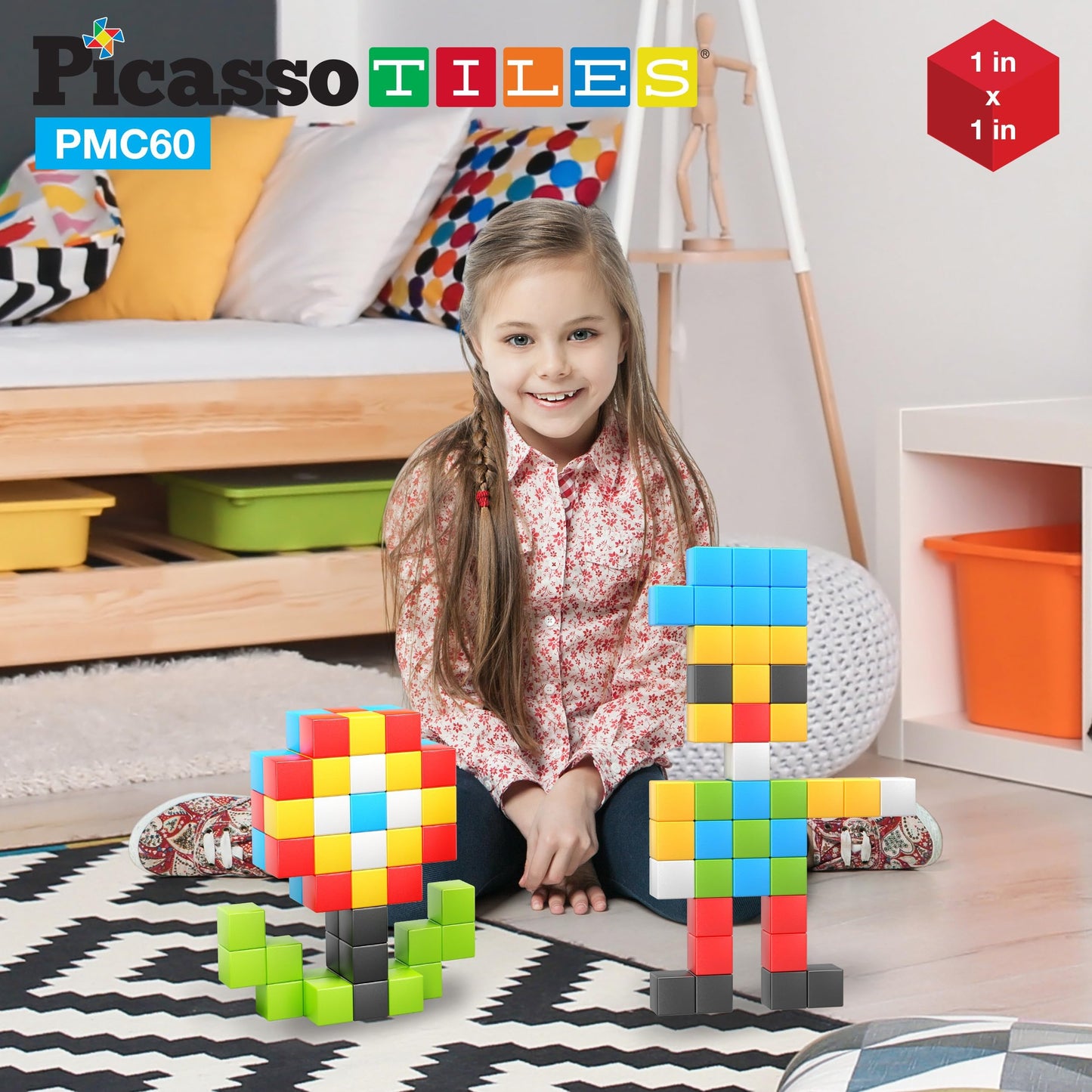 Picassotiles 60 Pieces 1'' Magnetic Building Blocks, 3D Construction Cubes Magnet Sensory Toys Gifts With Free Idea Book For Kid