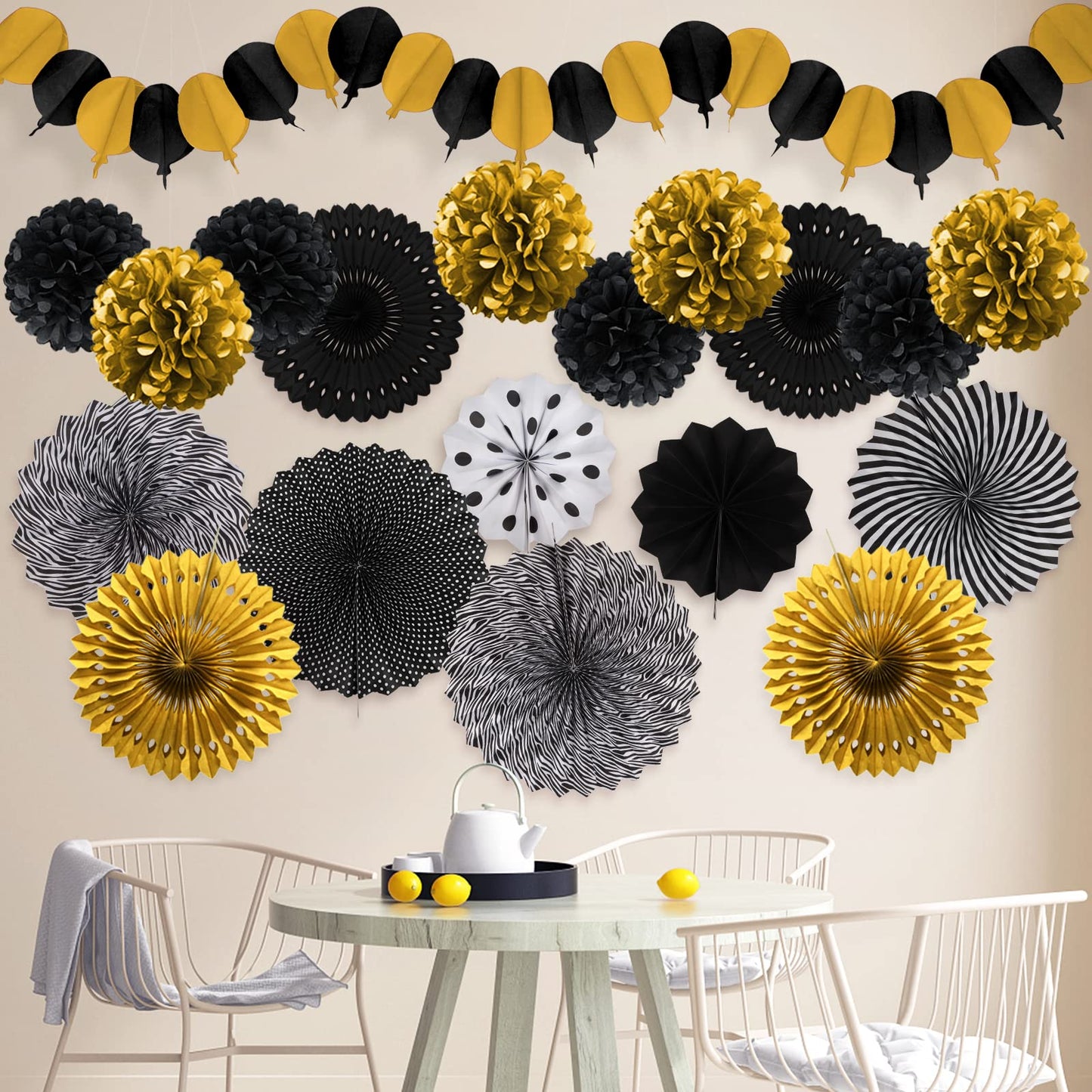 Recosis Black And Gold Decorations, Paper Pompoms Fan For Graduation Birthday Wedding Prom Night New Years Black And Gold Party