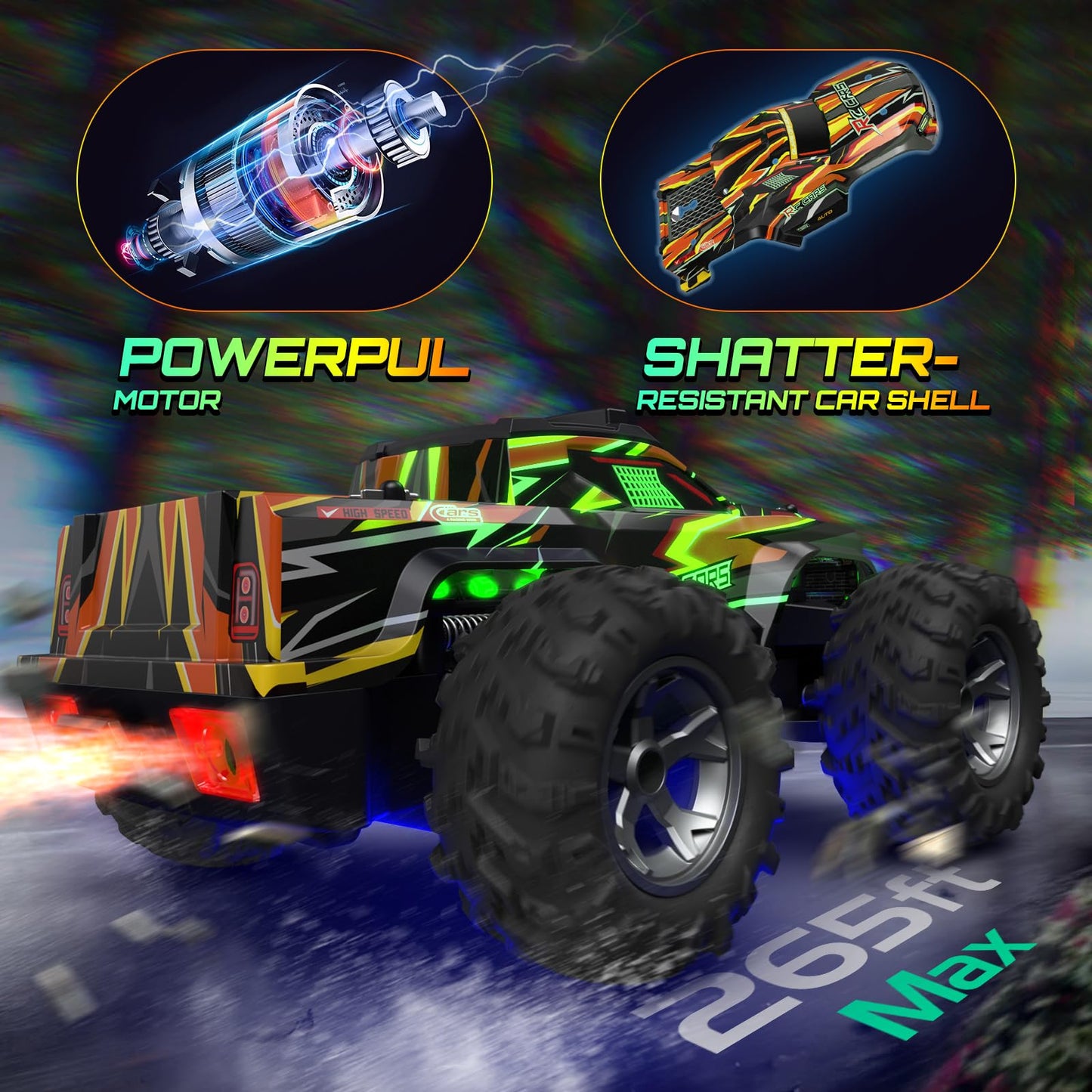 Remote Control Car for Boys, 1:16 Scale All Terrain RC Cars,High Speed 25Km/h Fast Car with Colorful Led Light and Spray, 2x1300