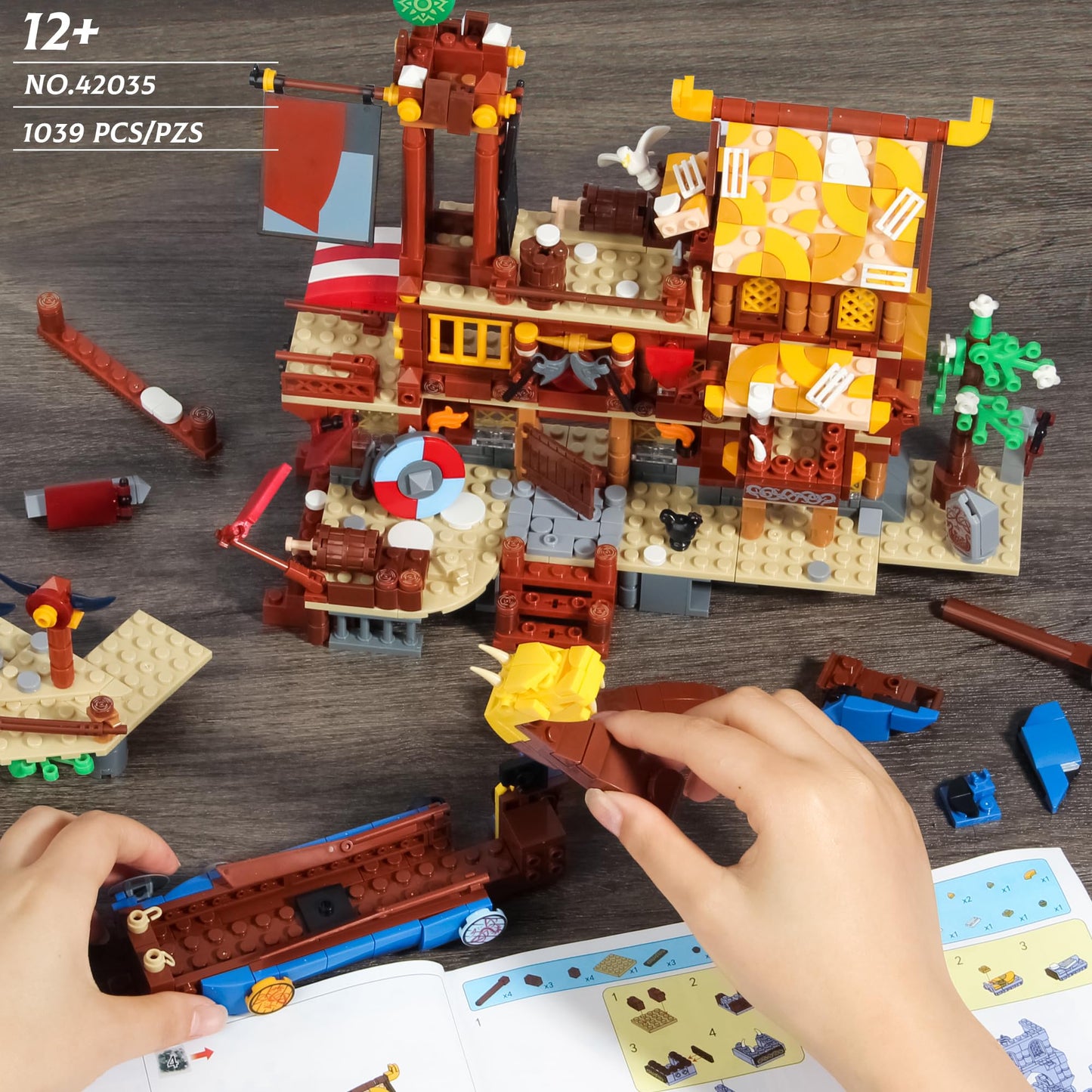 FarBlocked Viking Pirate Ship Building Block Set, 1039 Pcs, Dragon Head Design, Ages 12+, Ideal for Kids and Adults, ABS Material