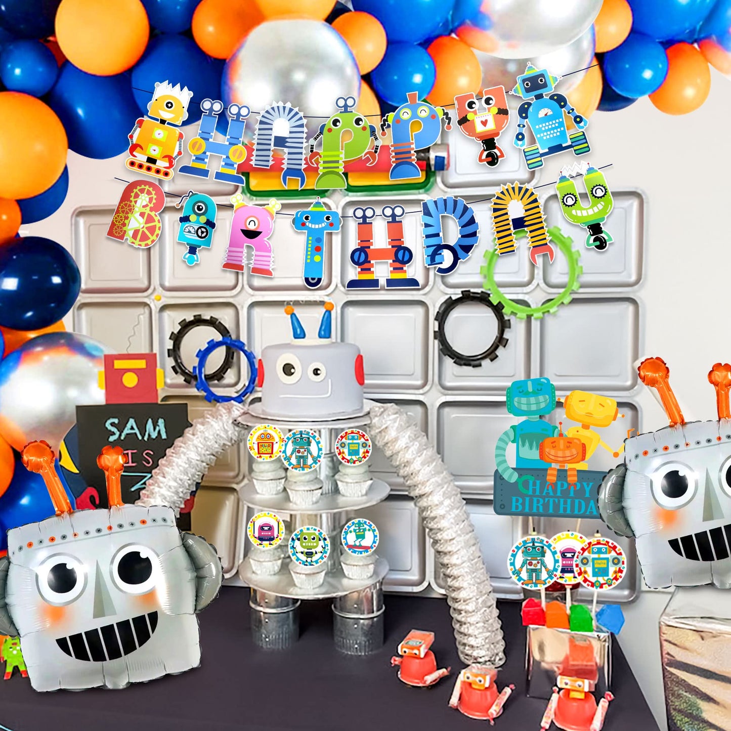83 PCS Robot Birthday Party Decoration Robot Birthday Party Supplies Robot Birthday Balloons Robot Birthday Banner Favors Cake C