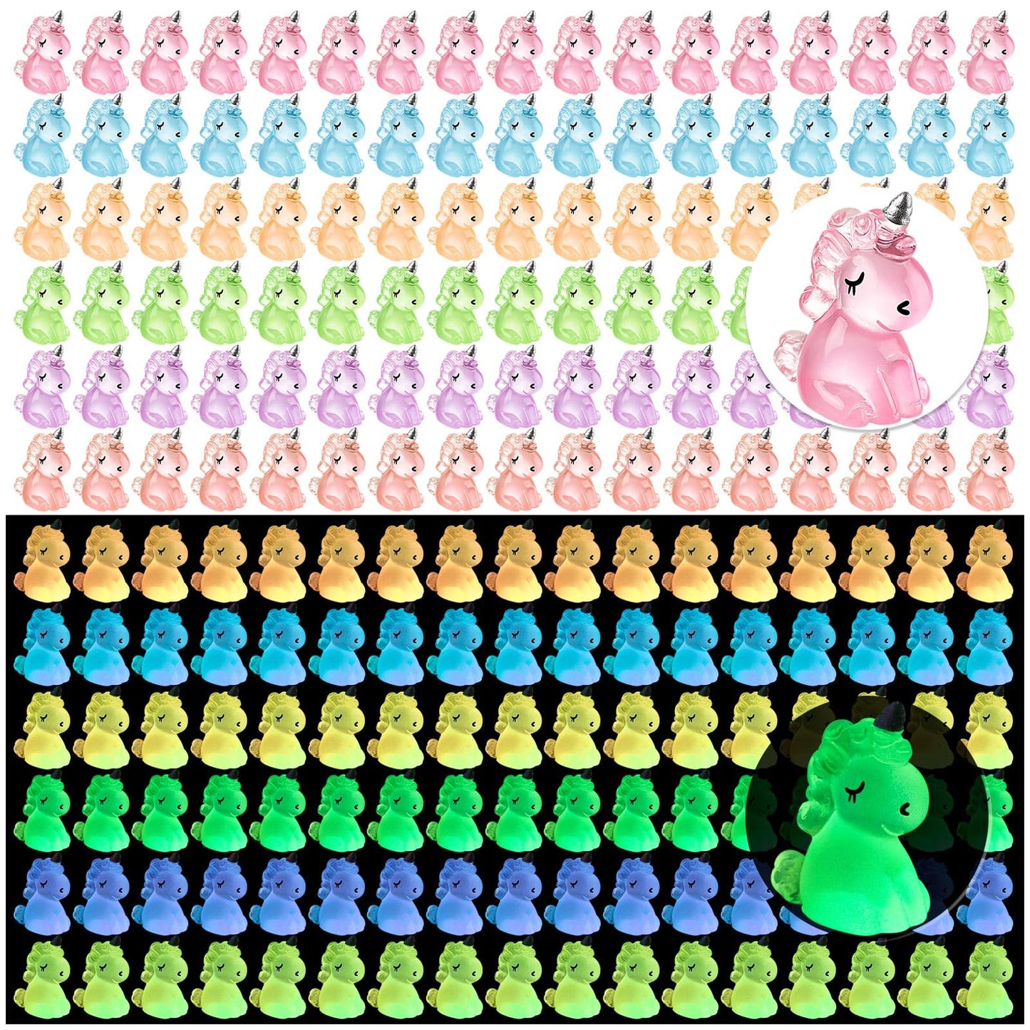 HFAYDZSW 60Pcs Luminous Mini Resin Unicorn, Miniature Unicorn Figurines, Glow in The Dark Tiny Unicorn Ornament for Garden Lands