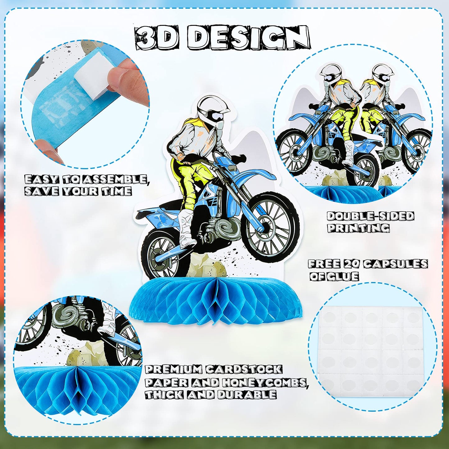 9 Piece Cross Country Motorcycle Honeycomb Centerpiece Table Decoration Racing Theme Children Boy Birthday Party Supplies Photo Booth Props (Bright Silhouette)