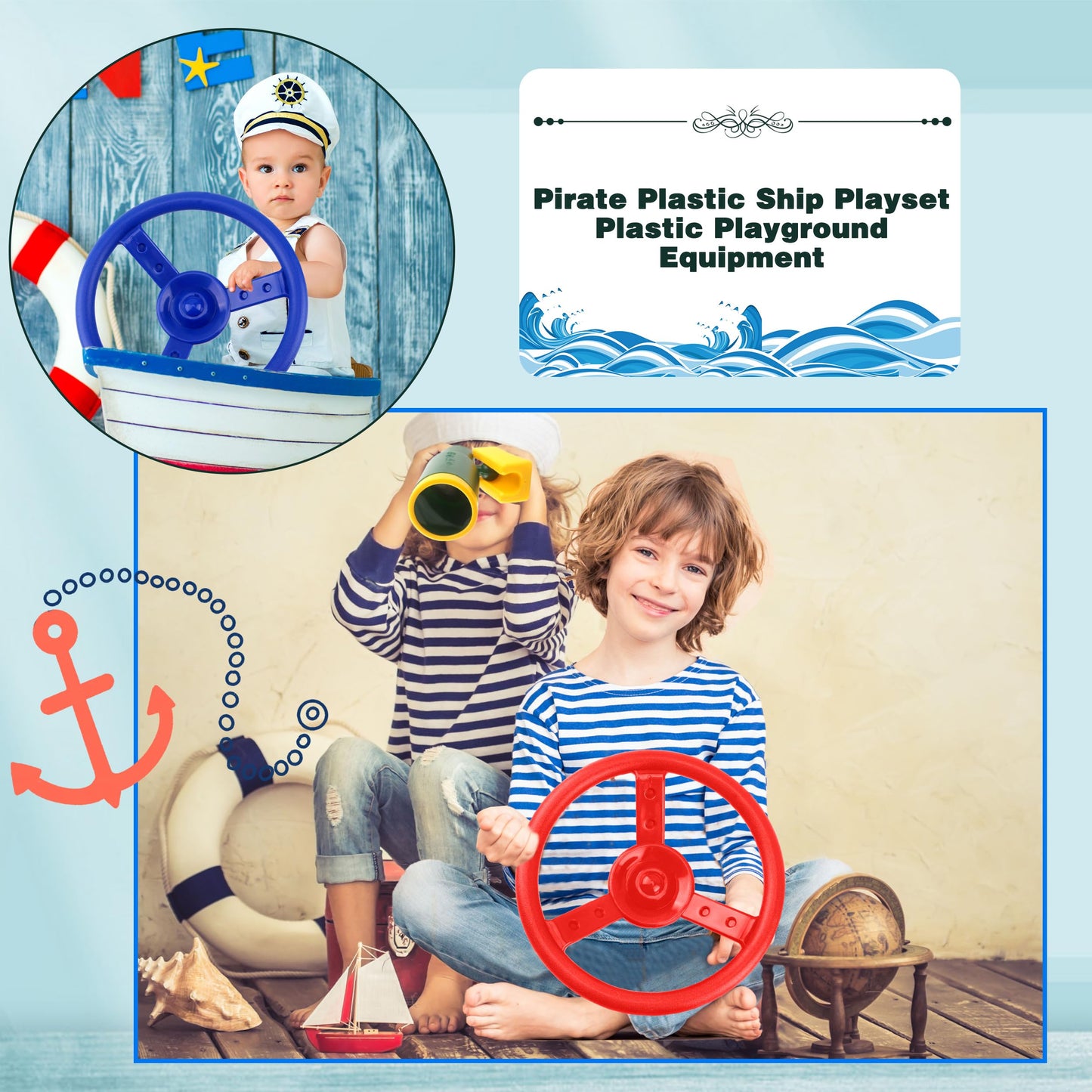 Haconba 2 Pack Steering Wheel Playset Plastic Pirate Ships Wheel with Mounting Tools for Kids Playground Outdoor Gym (Blue, Red)