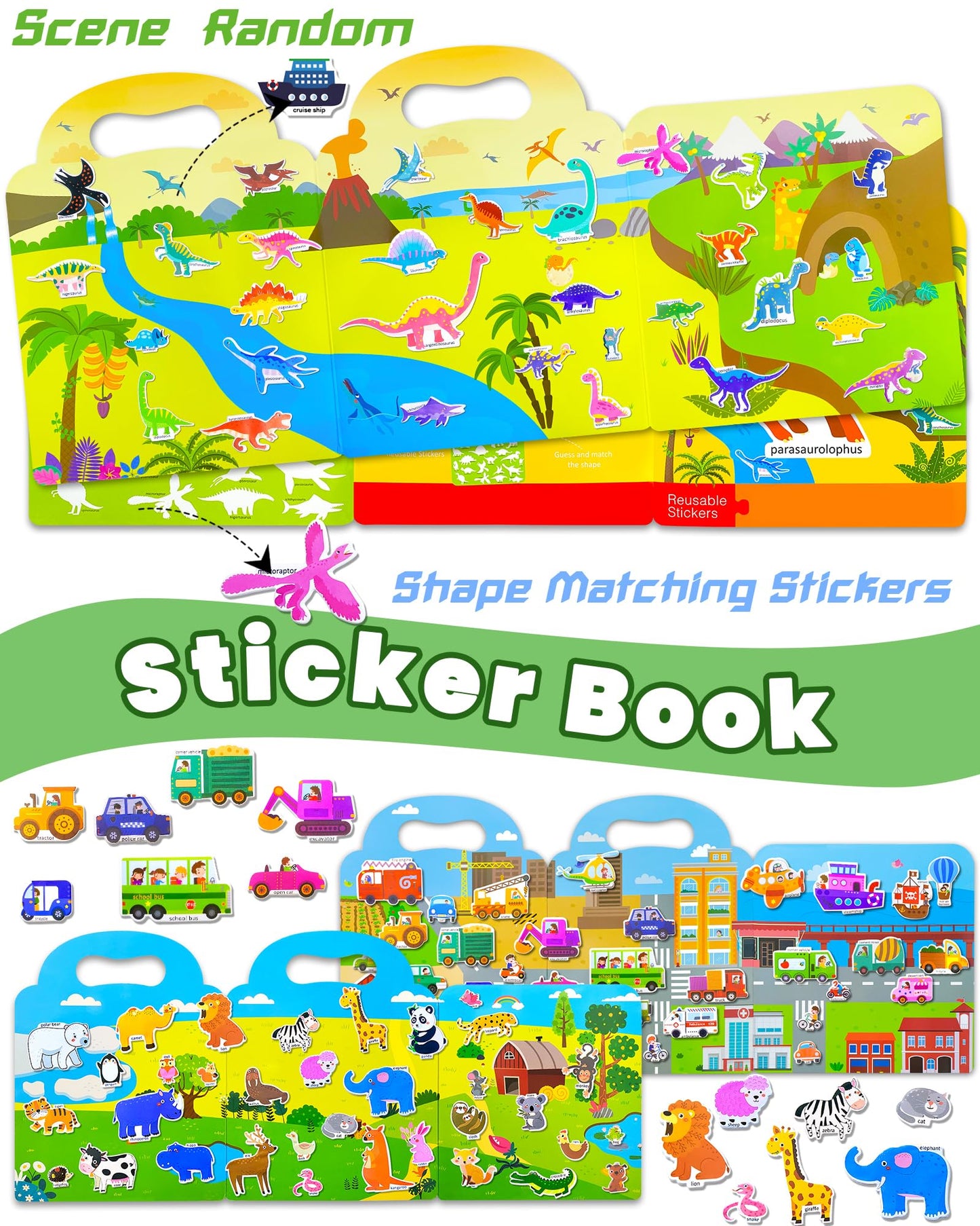 Walenced Puffy Reusable Sticker Book For Toddlers 2-4 Years, 3 Sets Stickers For Kids, Toddler Sticker Book Ages 1-3, 96 Pcs Tod