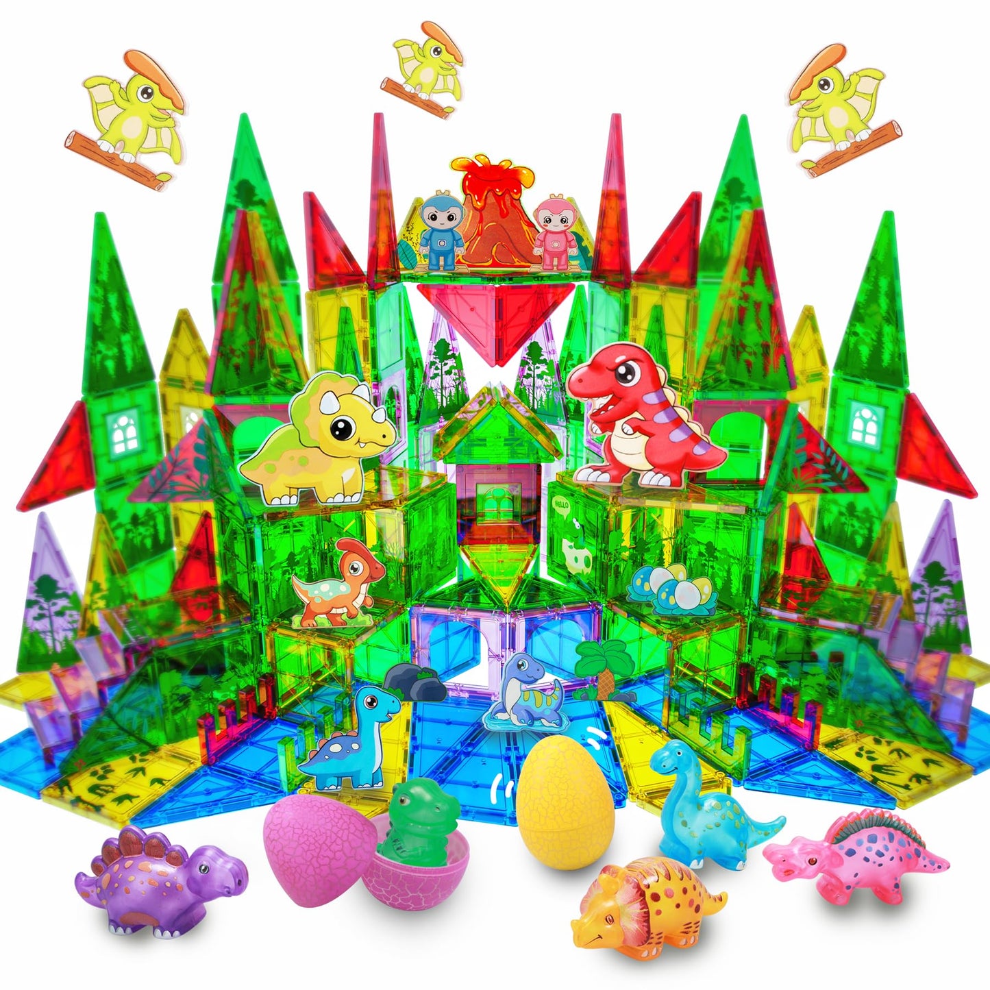 SKTMYY Magnetic Tiles Dinosaur Toys Set with Dinosaur Forest Theme, Including Dinosaur Magnetic Toys & Eggs, Plants, Volcano - B