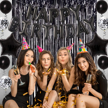 Joymemo 30Th Birthday Decorations Black - Dirty Thirty Foil Balloon & Cake Toppers, Happy Birthday Banner, Black Star Confetti Balloons, Foil Fringe Curtain For Men Women Thirty Bday Party Supplies