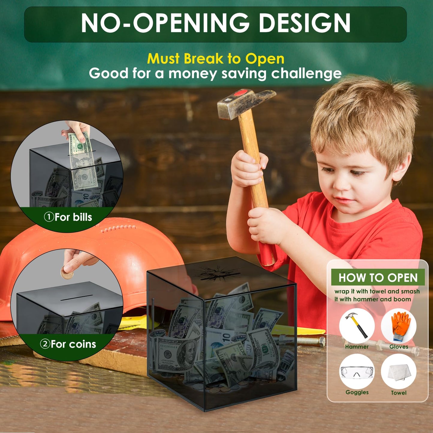 Piggy Bank For Adults Must Break To Open, Vcertcpl Acrylic Clear Piggy Bank Money Saving Box For Cash Saving, Unopenable Adults Piggy Bank For Real Money Bank Coin Bank Change Jar (Gray S, 12X12Cm)