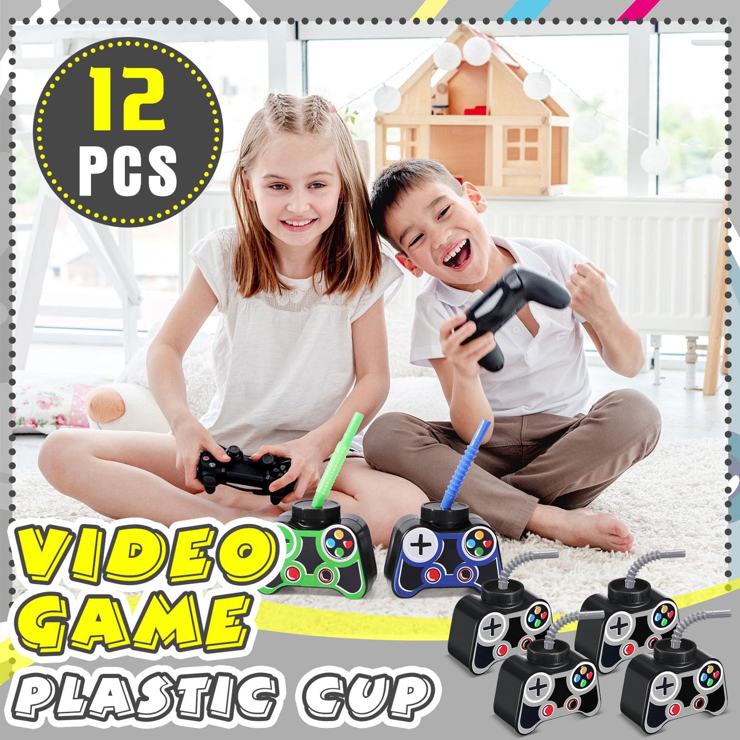 Mifoci 12 Pcs Plastic Video Gaming Party Favor Gift Supplies Cups With Straw And Lid,10Oz Gamer Birthday Party Video Game Shape