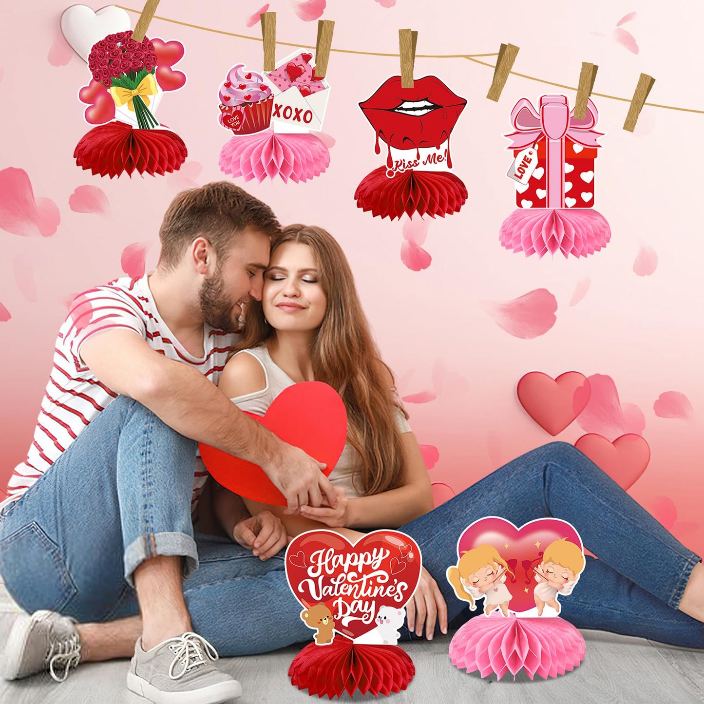 JULMELON Valentines Table Decorations Honeycomb Centerpiece, 8pcs Valentines Day Centerpieces for Tables 3D Valentines Day Table
