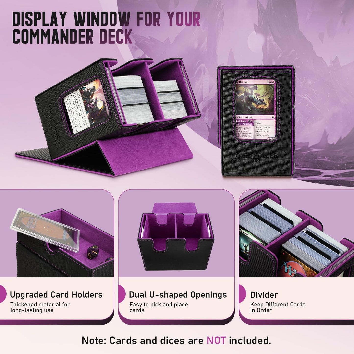 TiMOVO MTG Deck Box MTG Commander Card Deck Box with Commander Display & Dice Tray Fits 400+ Unsleeved Cards Leather Magnetic Card Storage Case with 6 Dividers for TCG CCG Magic Cards Black+Purple