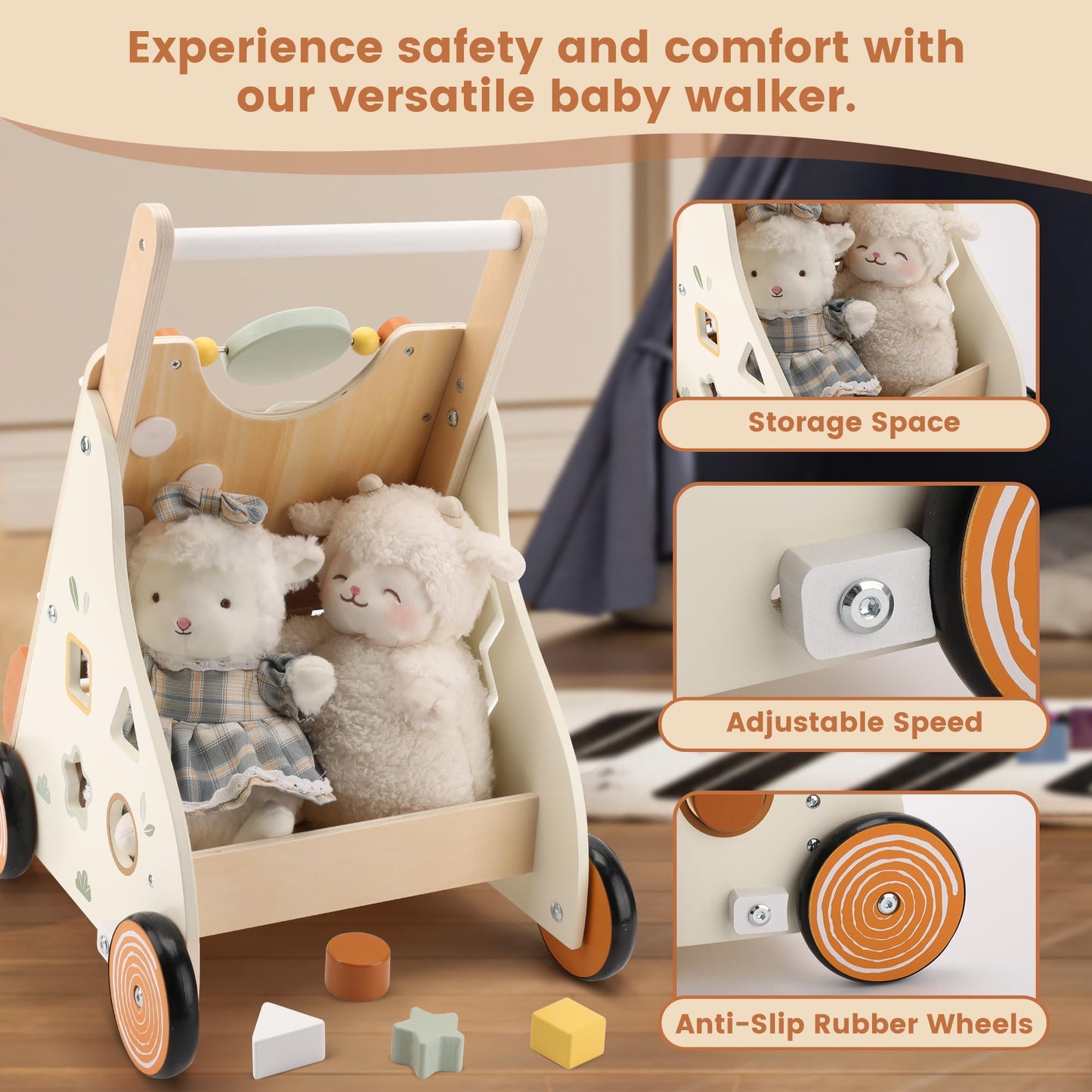 Pithfor Wooden Baby Walker, Baby Push Walker With Activity Center For Girls Boys, Push Walker Toys For Babies Learning To Walk,