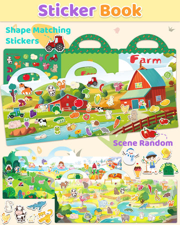 Benresive Reusable Sticker Books for Kids 2-4, Multi-Color, PVC Material, Farm & Animal Themes, Ideal Toddler Travel Toys