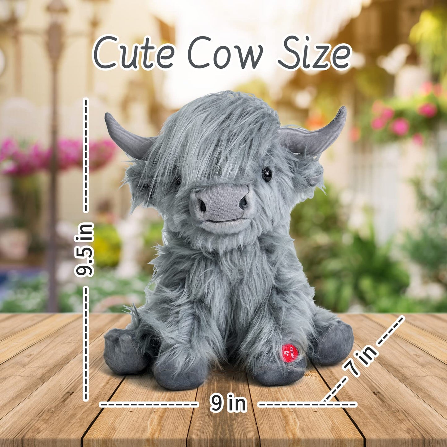Tonpect Highland Cow Plush Toy - Mooing Sound, 10 inch, Grey Cotton, Model Toys105, Cuddly Farm Gift for Boys and Girls
