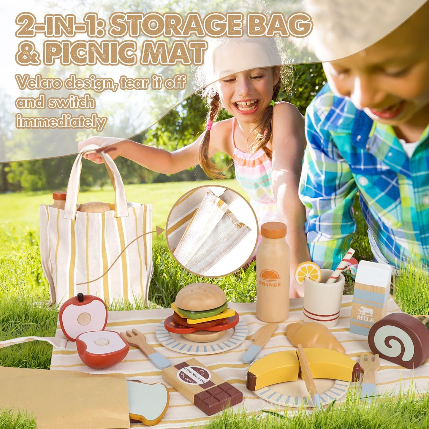 Lehoo Castle Play Food Sets for Kids Kitchen, Wooden Toys Food for Toddlers 1-3, Pretend Picnic Play Set, Cutting Food Toys, Gif