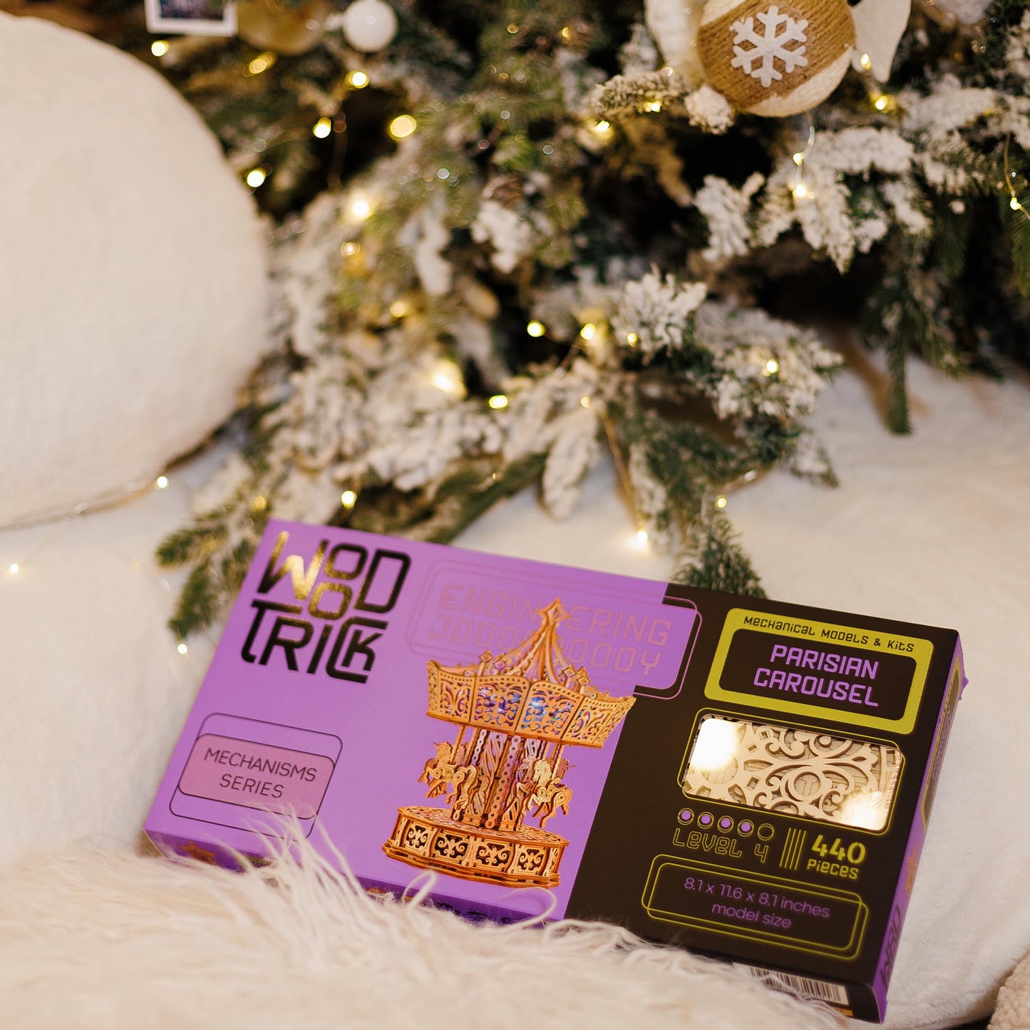 Wood Trick Parisian Carousel Music Box Rotating With Backlit - 3D Wooden Puzzles For Adults And Kids To Build Diy - Wooden Music Box Kit - La Vie En Rose Tune - Engineering Diy Wooden Model