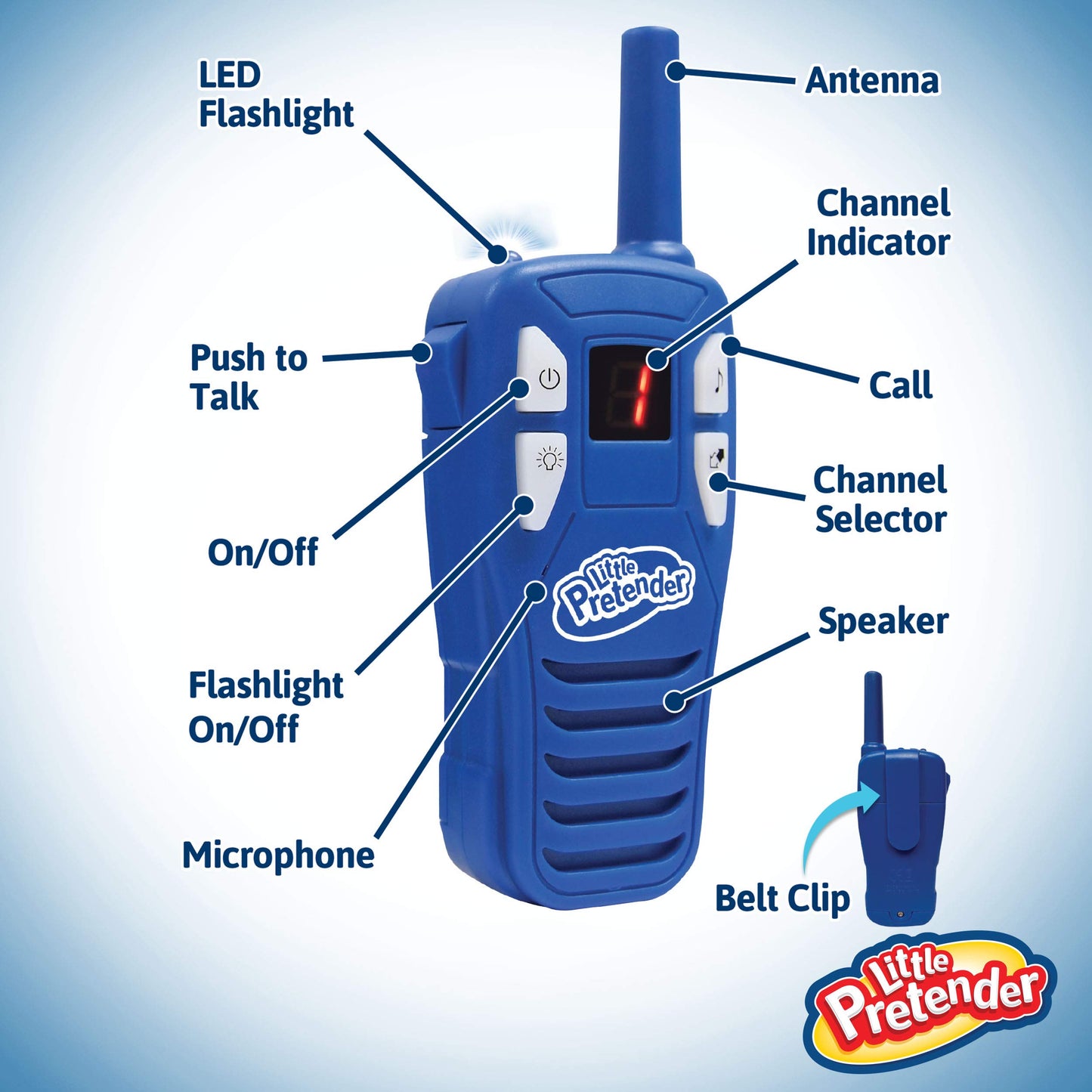 Little Pretender - 2 Pack Walkie Talkies For Kids, 2 Mile Range, 3 Channels, Includes Built In Flash Light | Kids Walkie Talkies