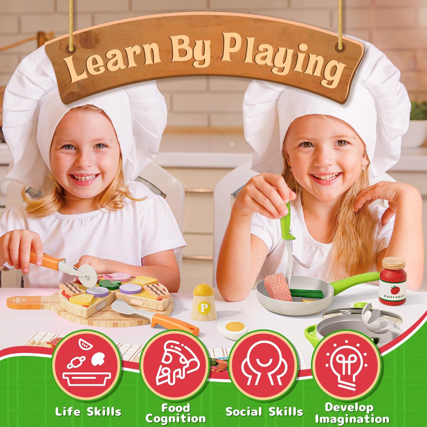 Lehoo Castle Play Food Sets for Kids Kitchen, Wooden Toys Play Kitchen Accessories with Pot and Pan, Pizza Toy Pretend Play for