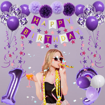 Naninuneno 19Th Birthday Decorations For Girls, Purple 19 Happy Birthday Balloons Supplies Including Purple Happy Birthday Banne