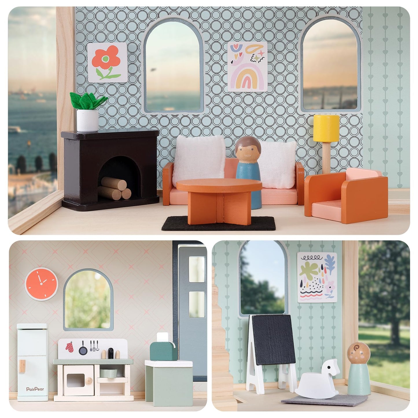 Pairpear Wooden Dollhouse Furniture Set,56 Pieces Doll Furnitures With 5 Room Kits Play Fingers,Doll House Miniature Furniture Pretend Play Toys Gift For Toddler Boys And Girls 3Y+