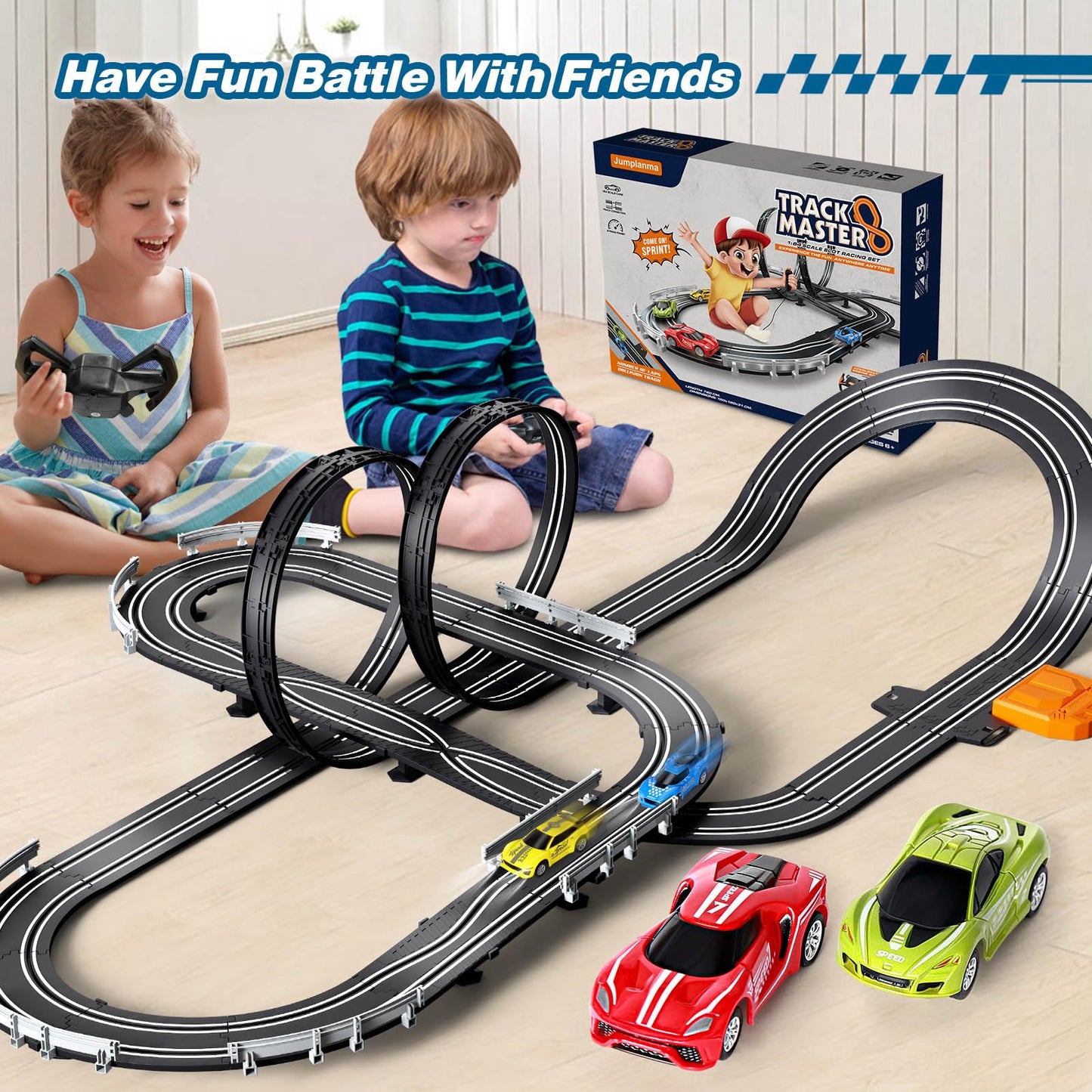 Slot Car Race Track Sets For Boys Kids,Battery Or Electric Race Car Track With 4 High-Speed Slot Cars And 2 Hand Controllers,Dual Racing Game Lap Counter Circular Overpass Track Toys Age 6 7 8-12