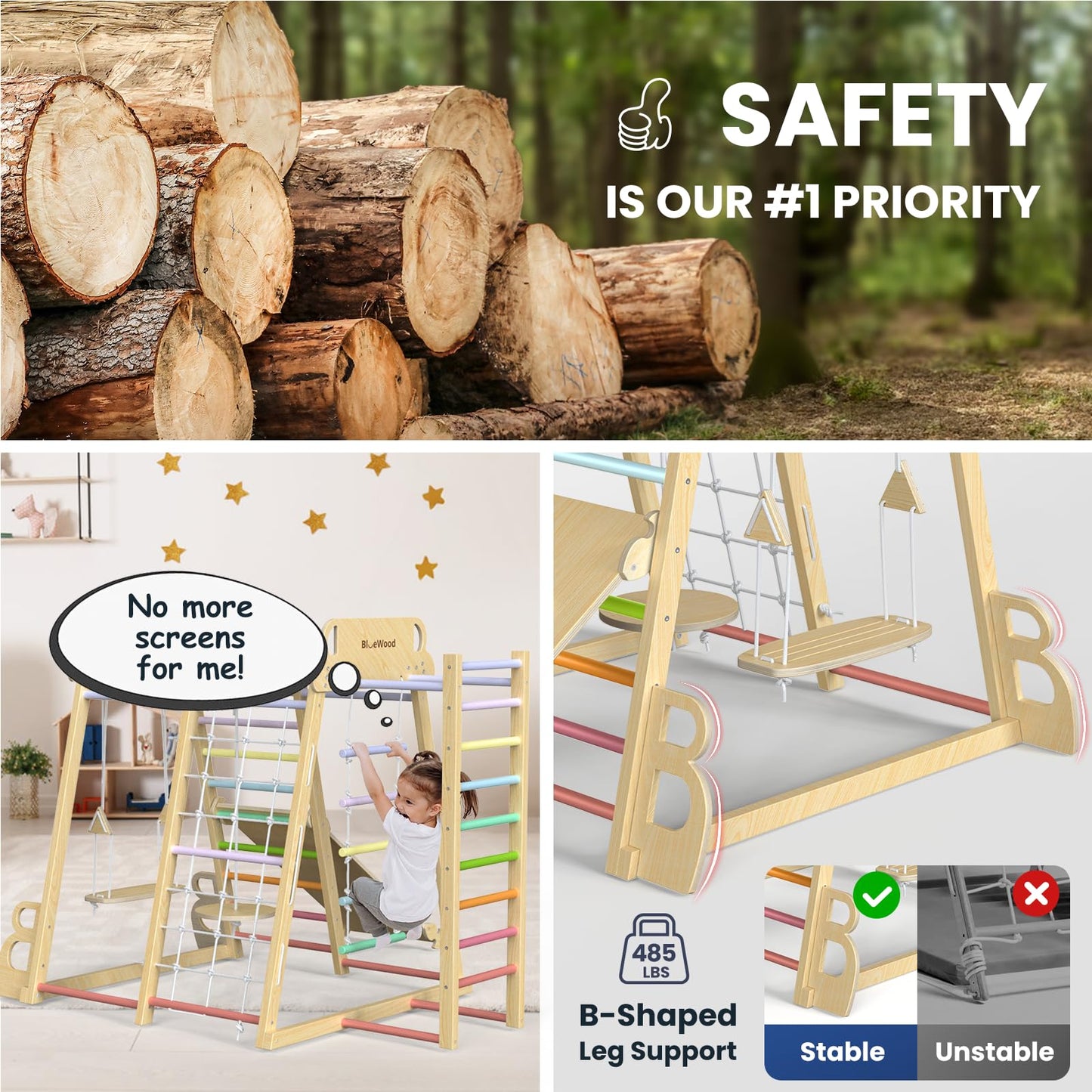 Upgraded Indoor Playground 9-In-1 Jungle Gym Kids Climbing Toys, Montessori Waldorf Style Wooden Climber Playset With Slide, Swi