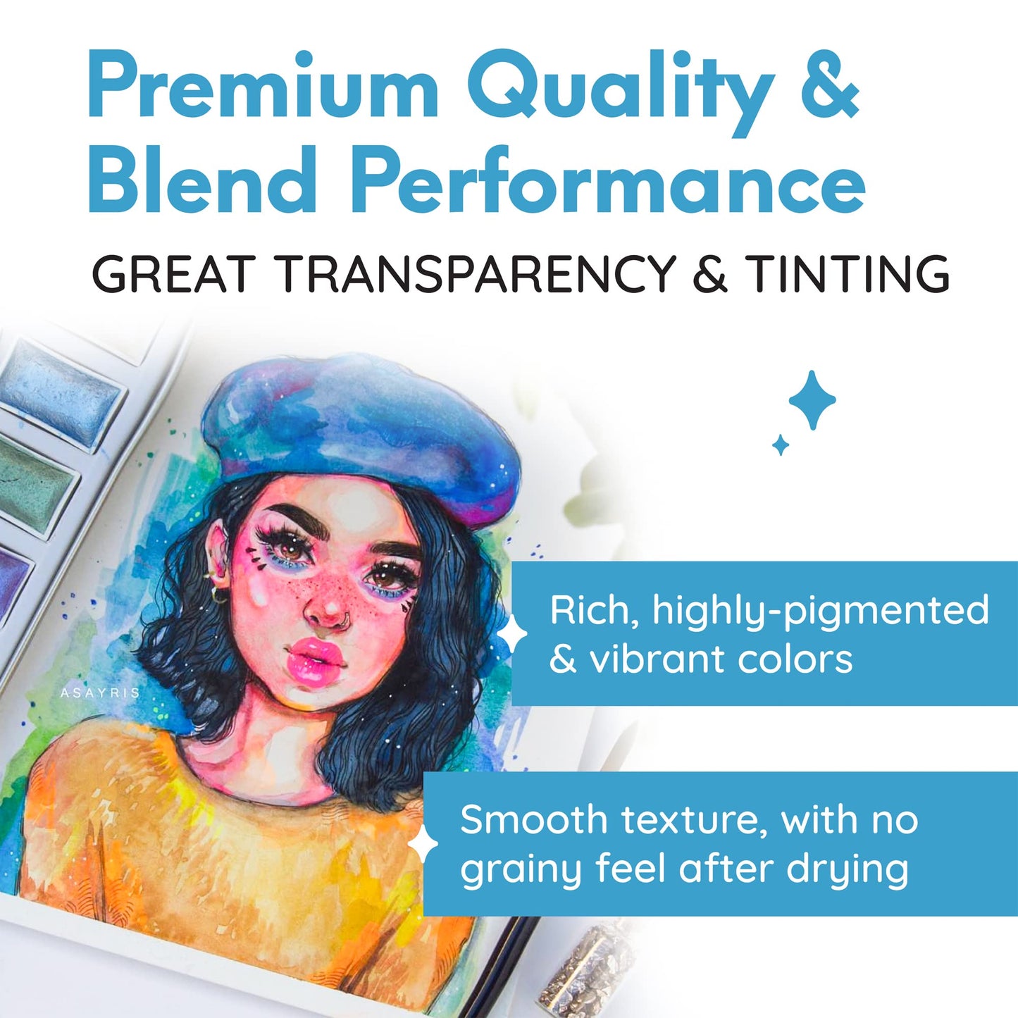 MozArt Supplies Premium Japanese Watercolor Paint Set - 40 Artist Quality Colors, Metallic & Neon - Perfect for Adults & Kids