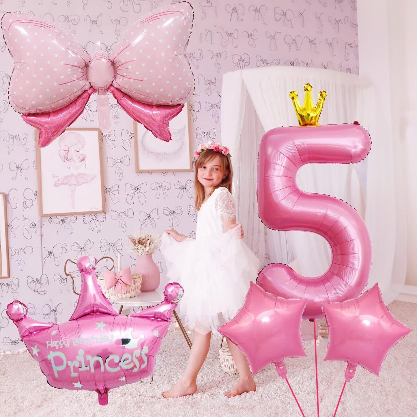 KEPMOV Pink 5th Birthday Balloon Set - 40" Foil Number 5, Crown & Bow Balloons, Aluminum, Model bf-03