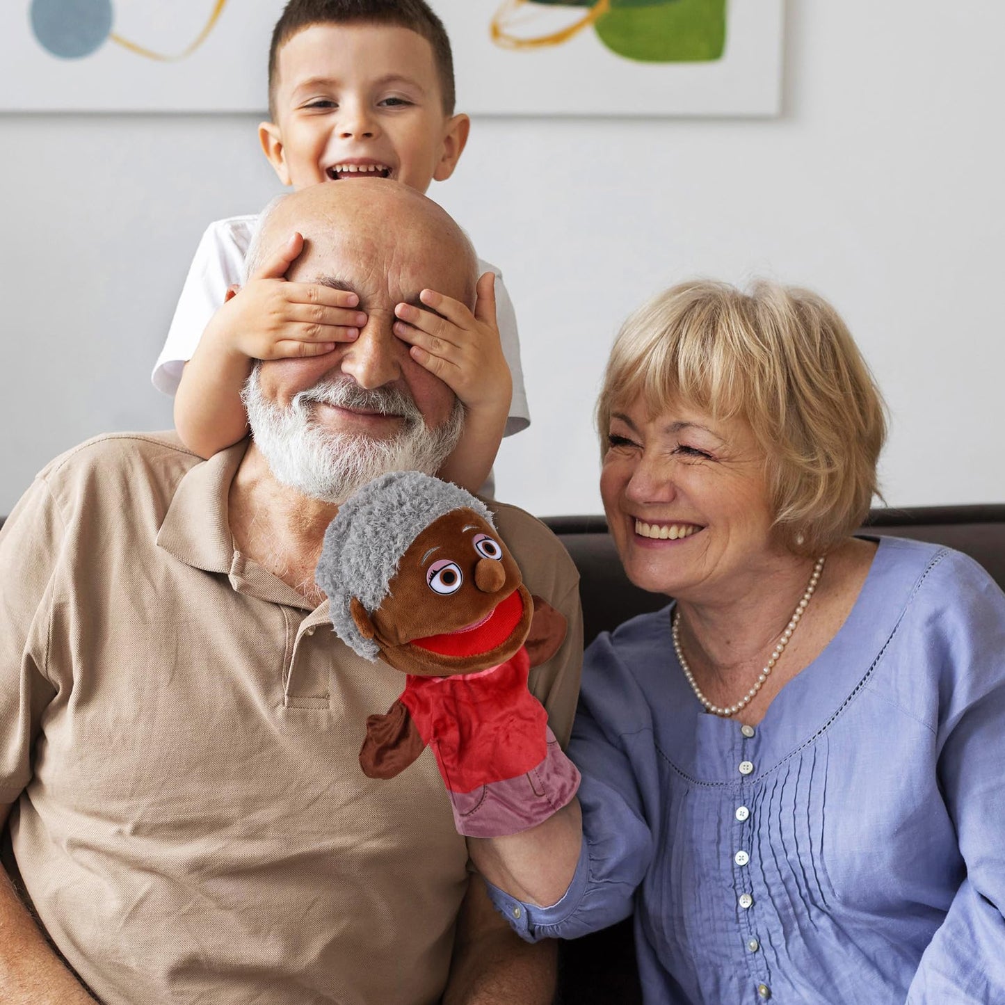 1 Pcs Family Hand Puppets 12 Inch Grandparents Mom Dad Brother Sister Plush Hand Puppet Toys Role-Play Toy Puppets For Kids Storytelling Imaginative Pretend Play Teaching Preschool(Black Grandmother)