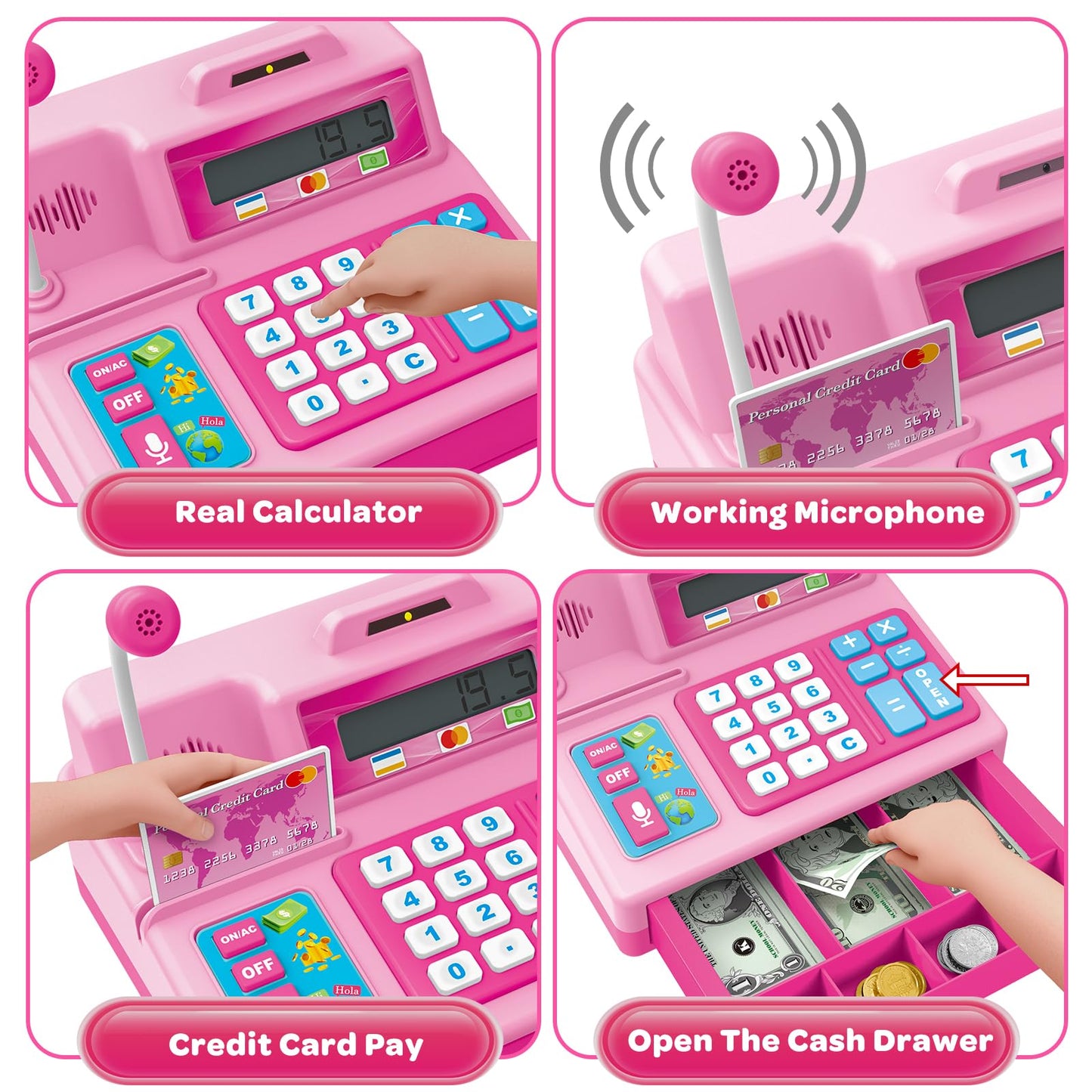 BAODLON Pretend Play Calculator Cash Register - 73 Pcs Pink Toy Cash Register, Microphone, Credit Card and Banking for Kids, Ear