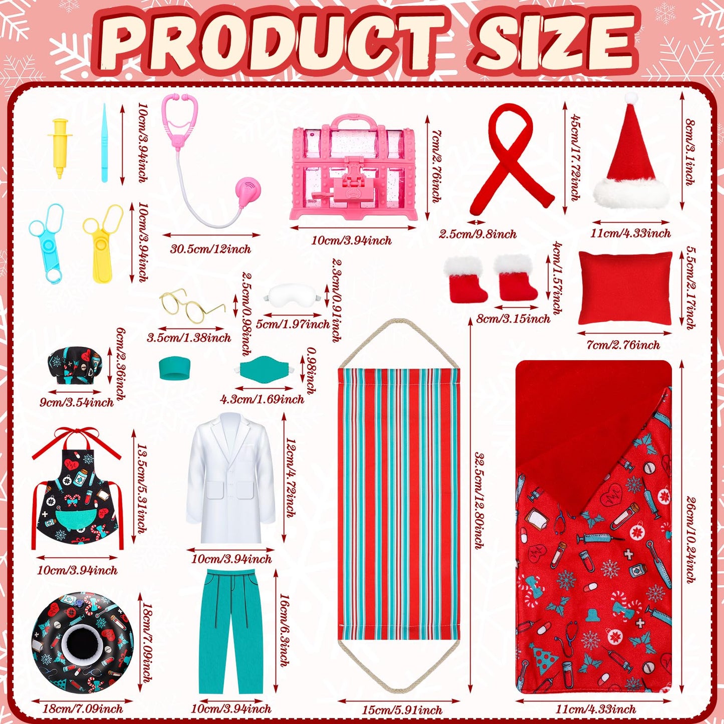 Suhine 21 Pcs Christmas Elf Doll Accessories Set Include Elf Hammock Pillow Eye Patch Glasses Chef Hat Apron Scarf Shoes Swim Ri