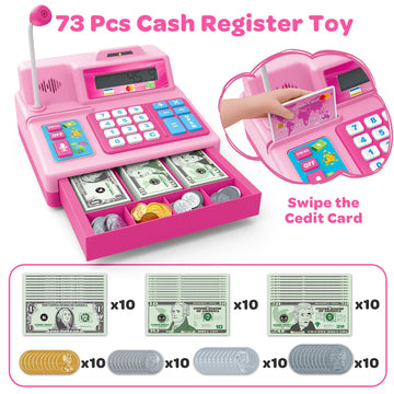 BAODLON Pretend Play Calculator Cash Register - 73 Pcs Pink Toy Cash Register, Microphone, Credit Card and Banking for Kids, Ear