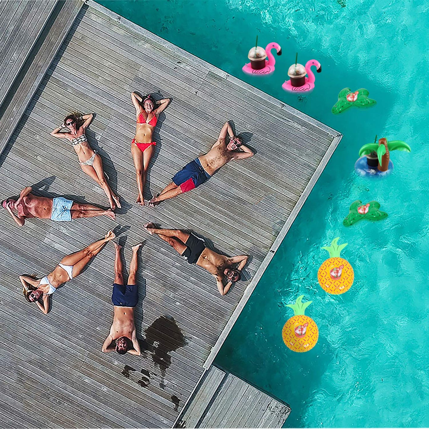 AOUTACC 12 Pack Inflatable Drink Cup Holders - Palm Tree, Flamingo, Pineapple, Cactus - Medium - Polyvinyl Chloride