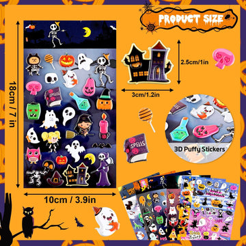 UPINS Halloweens Stickers for Kids, 10 Sheets 3D Happy Halloween Stickers Cute Puffy Stickers Ghost Pumpkin Skull Bat Spider Foa