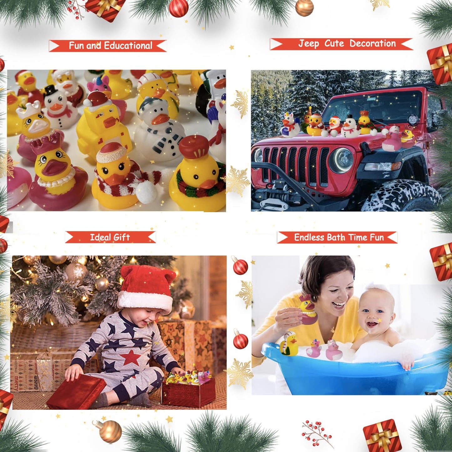 Sqzuwti 24 Pack Christmas Rubber Ducks Baby Showers Accessories Jeep Bath Toys For Kids Boys Girls Toddlers Christmas Party Favo