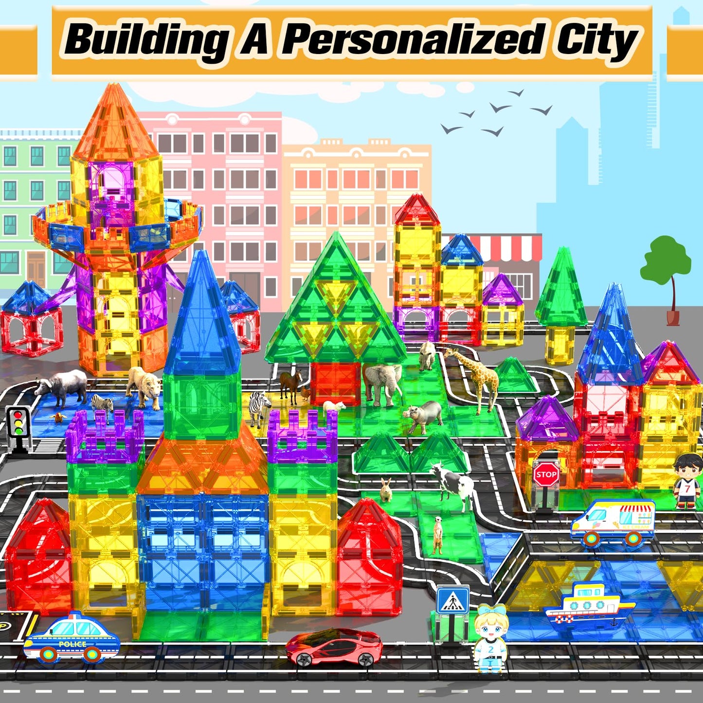 IGIVI 104 PCS Magnetic Tiles Road Set - Colorful STEM Building Blocks for Kids 3+, Perfect Christmas & Birthday Gifts for Boys & Girls