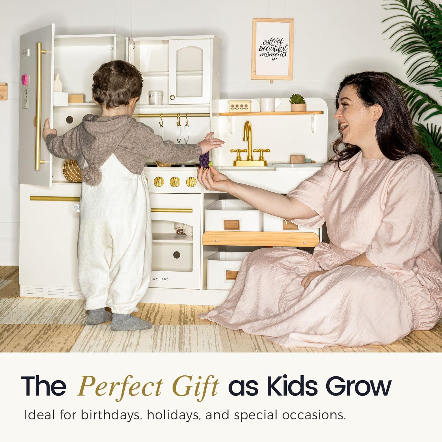 Tiny Land Wooden Toy Fridge with Magnetic Door, DIY Fridge Magnets and Spacious Storage, Realistic Play Kitchen Refrigerator for