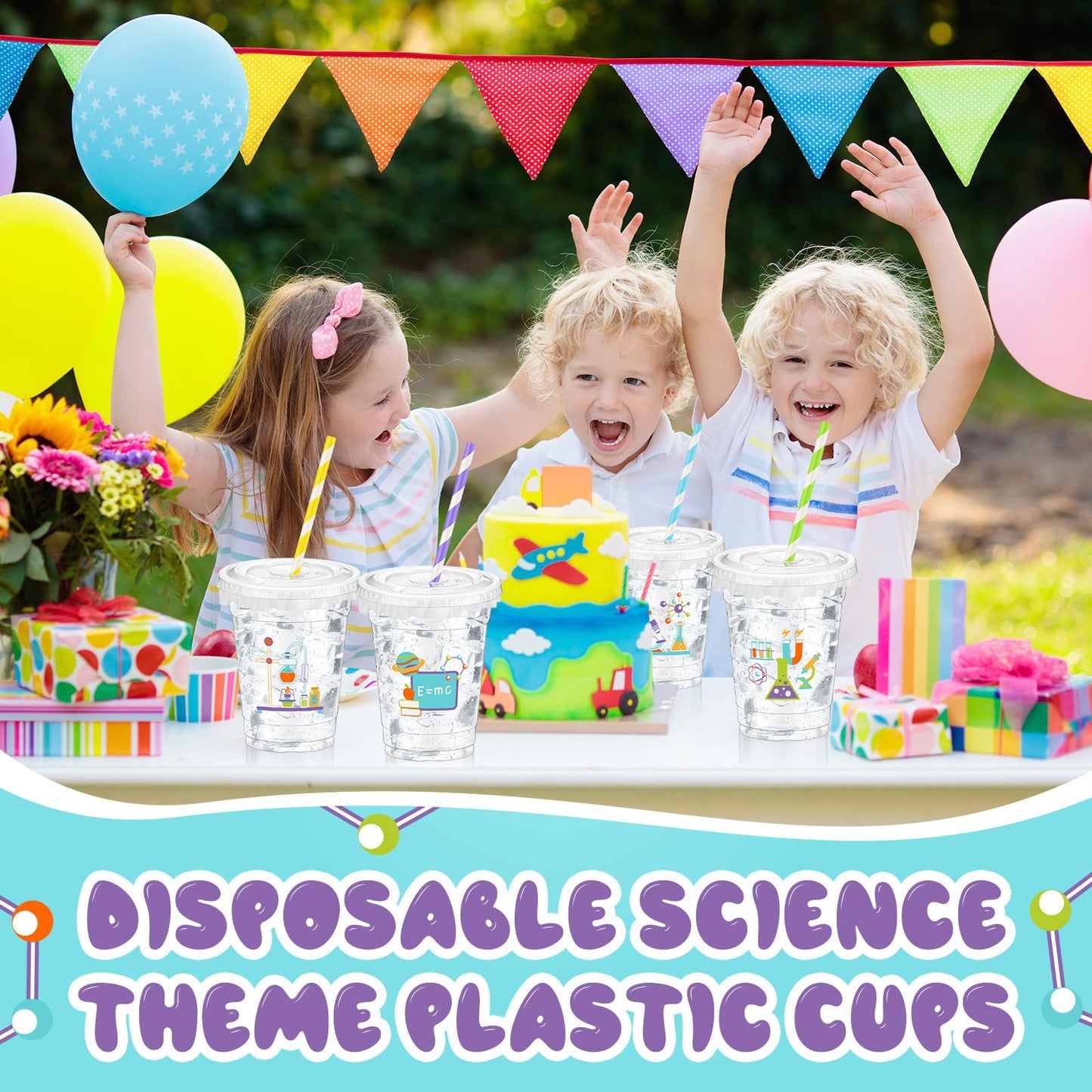 Foldtier 50 Pcs Science Cups 12 Oz Disposable Plastic Cups With Straws And Lids Science Clear Cup Birthday Cups Supplies Birthda