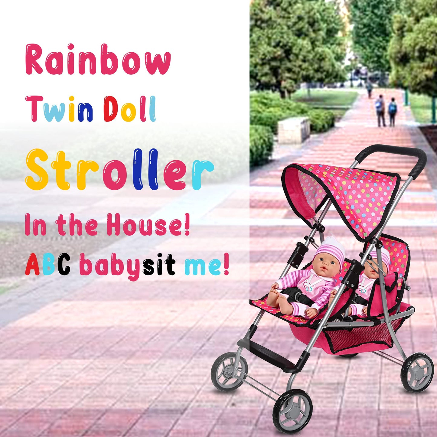 Toy Doll Stroller - Pretend Play Doll Stroller For Dolls - Toy Stroller With Storage Basket For Doll Accessories Set - Polka Dot