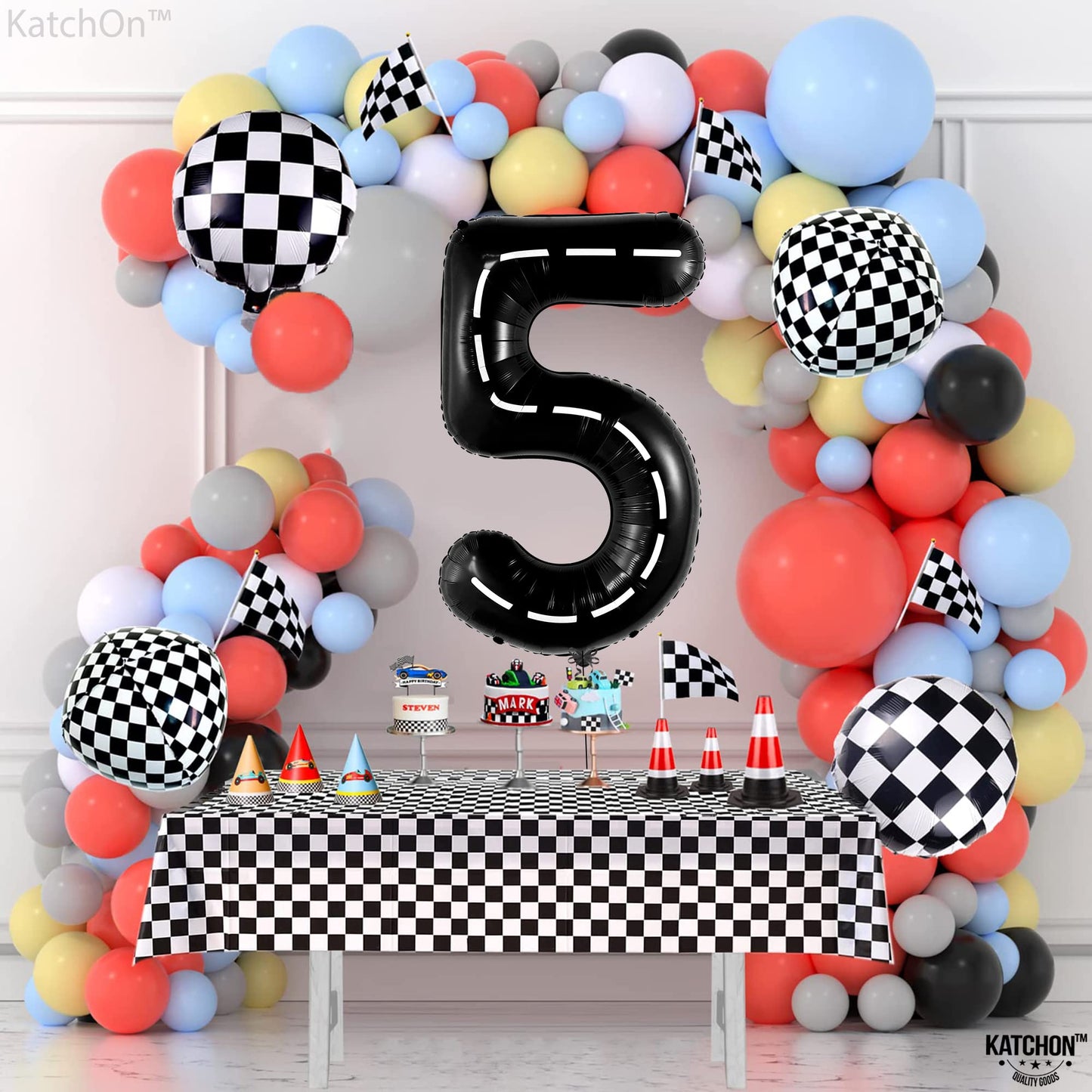 Katchon, Number 5 Race Car Black Balloon - Giant 40 Inch, Party Supplies, Hotwheel Birthday Decorations, Unisex, All Ages, 3 Pieces