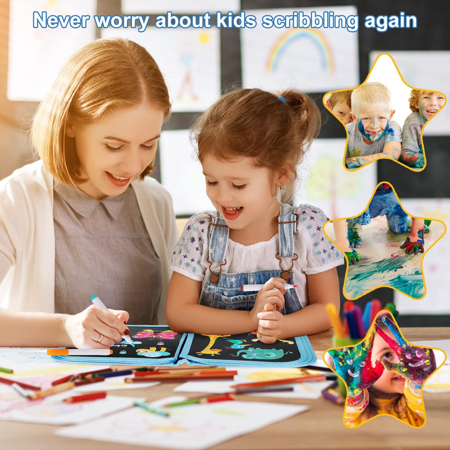 Qrytoi Erasable Doodle Set for Kids - Reusable Magic Drawing Book with 12 Watercolor Pens 14 Page Drawing, Road Trip Car Game Wr