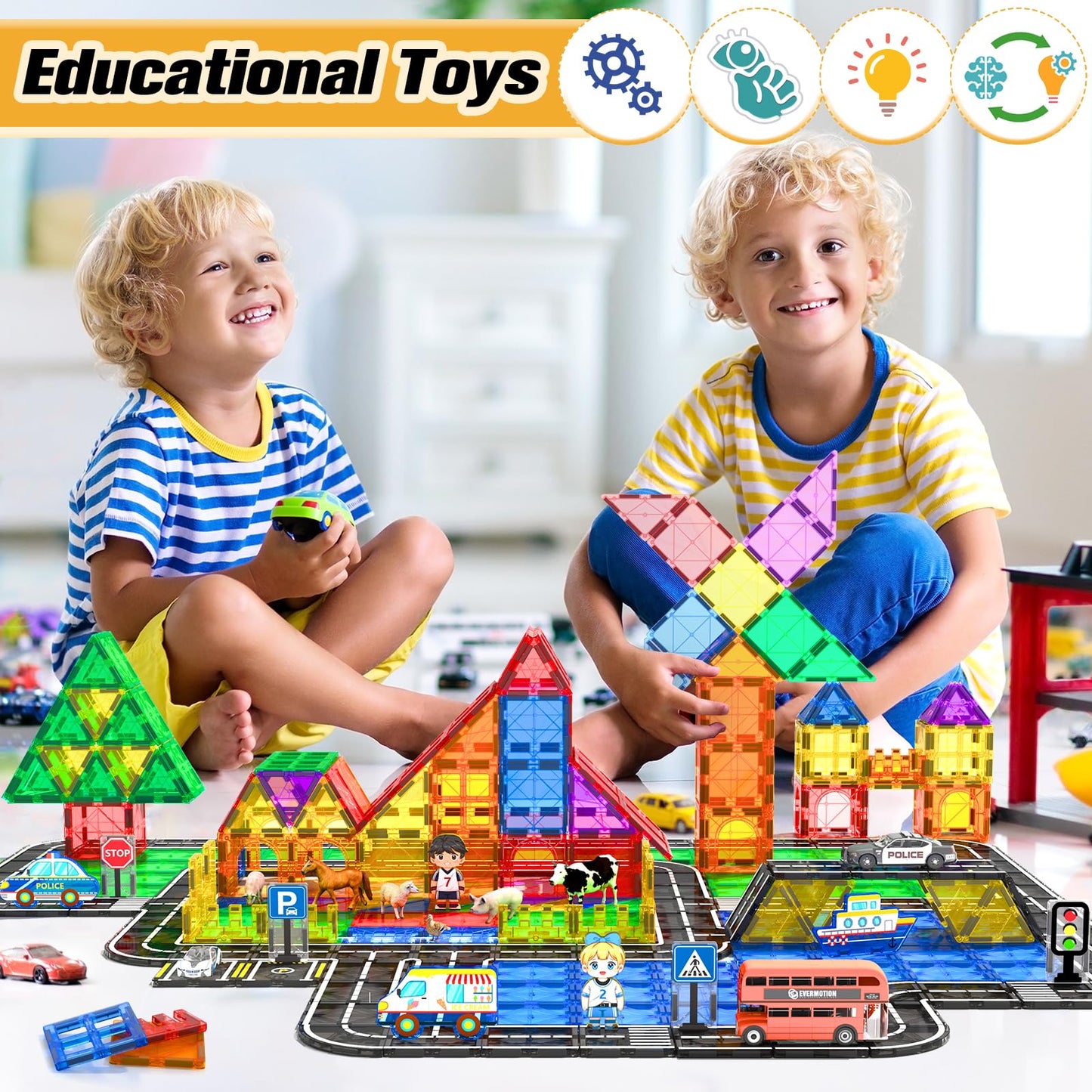 Igivi 104 Pcs Magnetic Tiles Road Set, Stem Magnet Building Blocks For Kids Toddler Toys Games, Christmas Birthday Gifts For 3+ Year Old Boys Girls, Car Enthusiasts And Classroom Must Haves