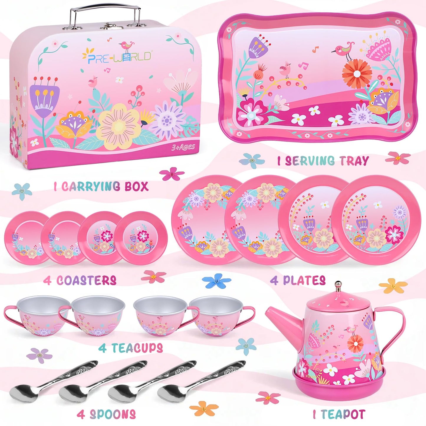 Tea Party Set for Toddles 3-5,PRE-WORLD Musical Kids Tea Set for Little Girls with Dessert,Cookies,Doughnut,Cake,Cake Stand,Tabl