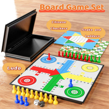 3 in 1 Magnetic Board Games Set for Kids Adults - Classic Travel Game Set with Chinese Checkers, Ludo, Snakes and Ladders, Educa