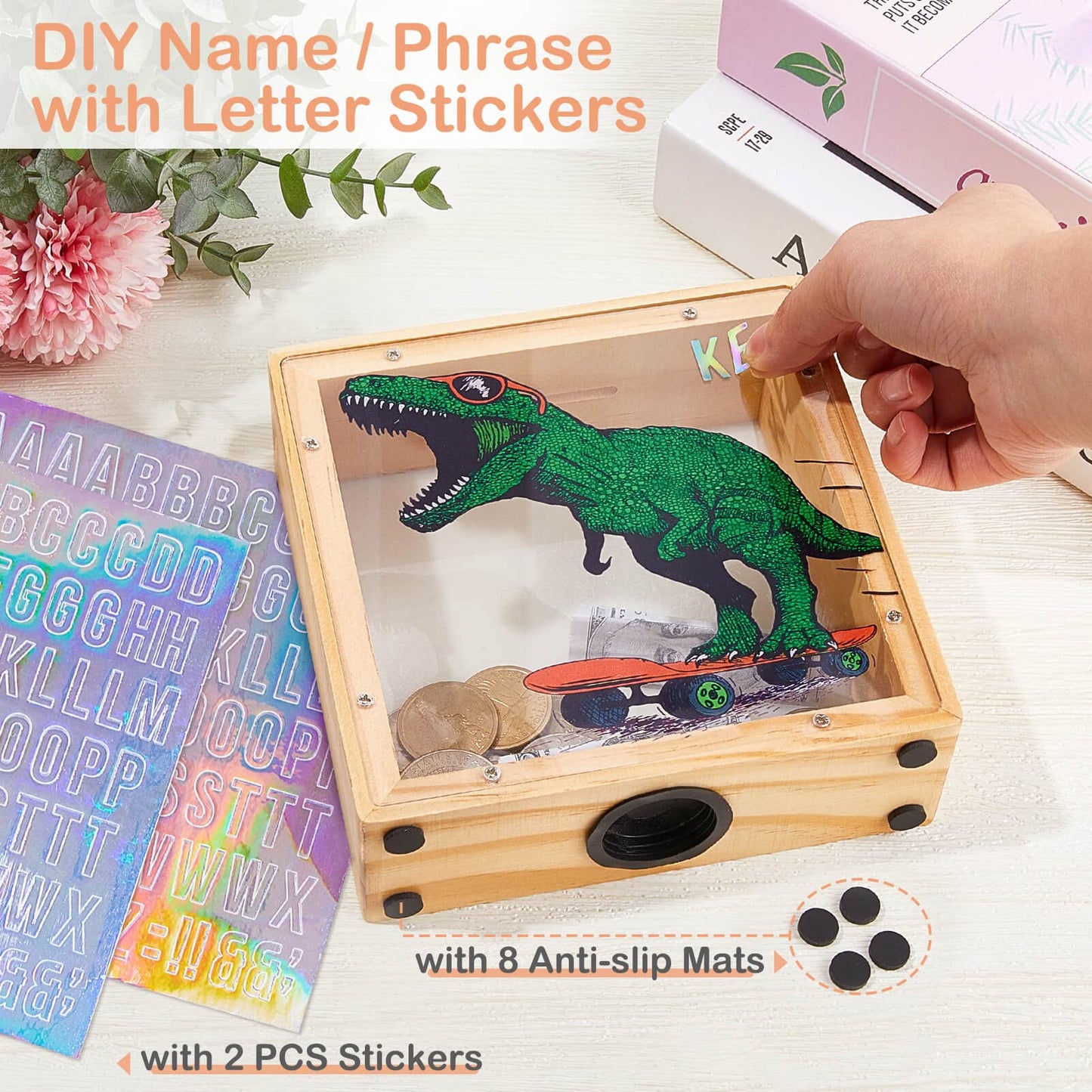 Piggy Bank For Kids, Wooden Money Coin Bank For Boys And Girls, Dinosaur Unicorn Piggy Banks With Diy Stickers For Birthday, Easter Gifts (Green)