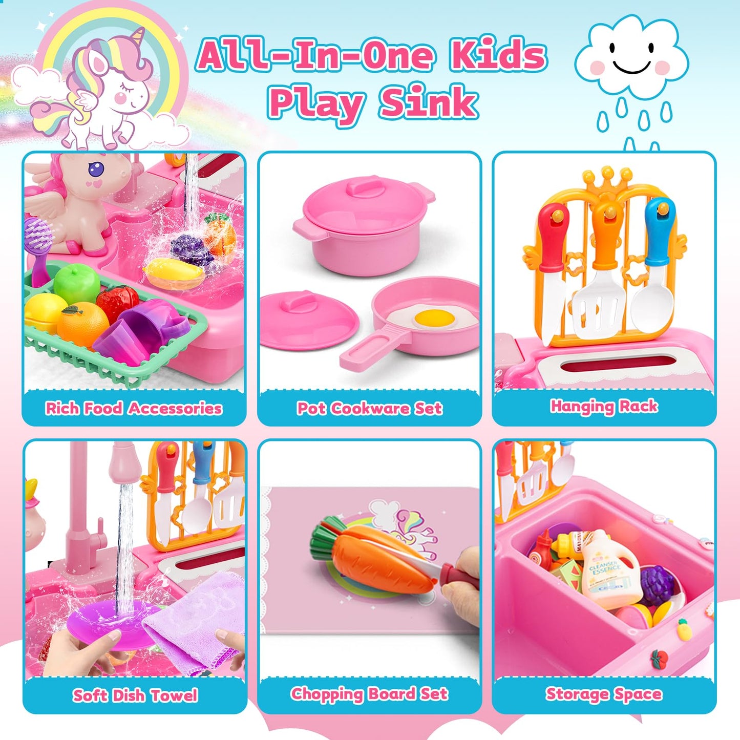 deAO Play Sink with Running Water, Kitchen Sink Toys with Water Spray Toy, Color Changing Dishes, Upgraded Rear Faucet, Play Kit